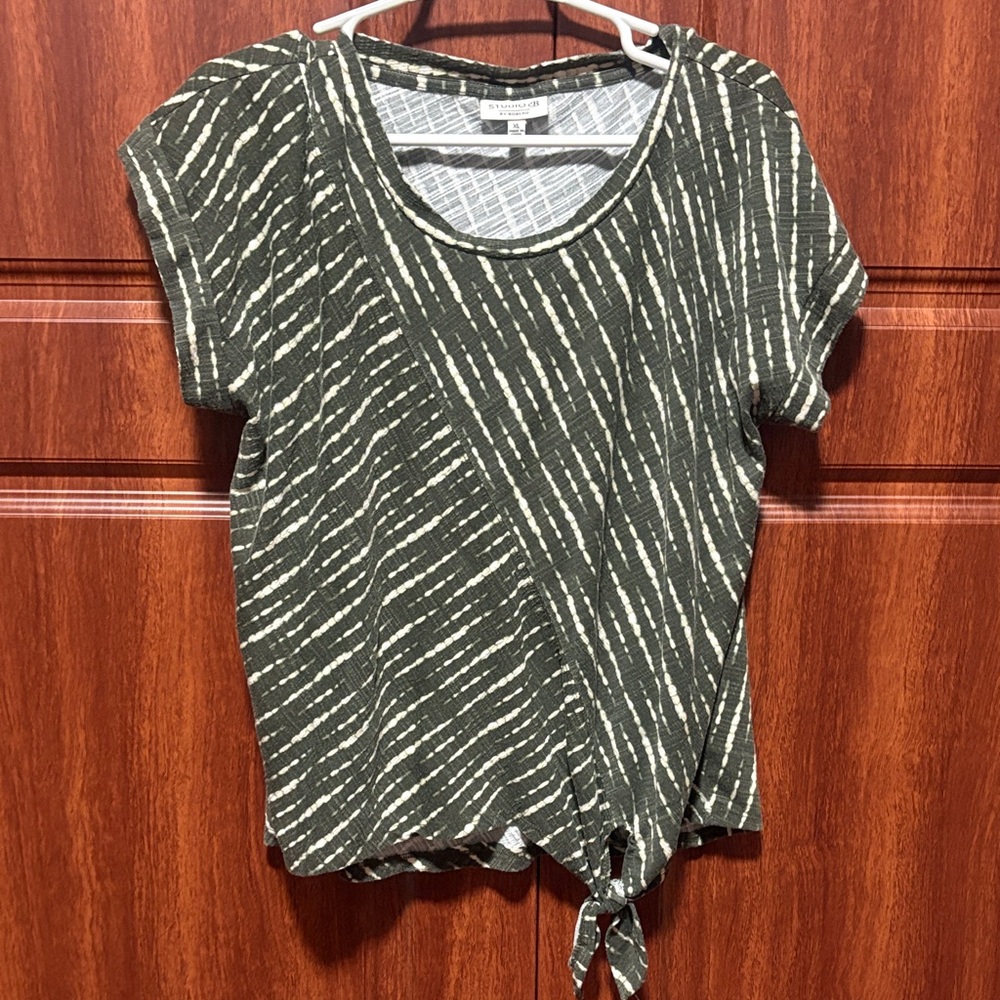 Olive Striped Short Sleeve Tie-Front Tee